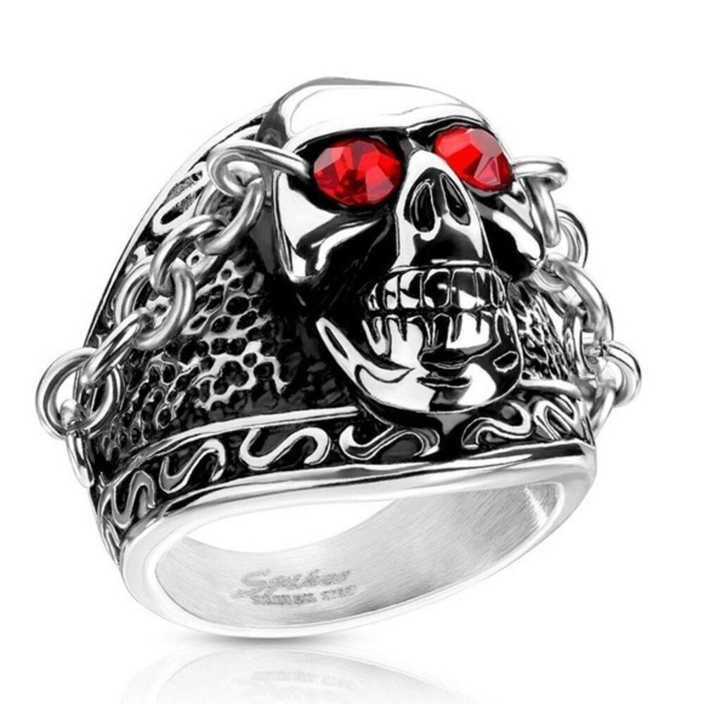 NWOT Chained Red Gem Eyes Skull Stainless Steel Ring size 12